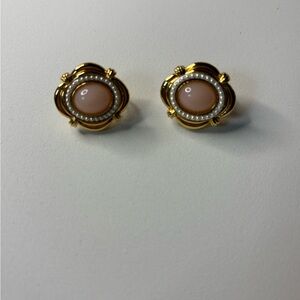 Vintage Gold Tone Clip-On Earrings with Pink Cabochon & Pearl Halo